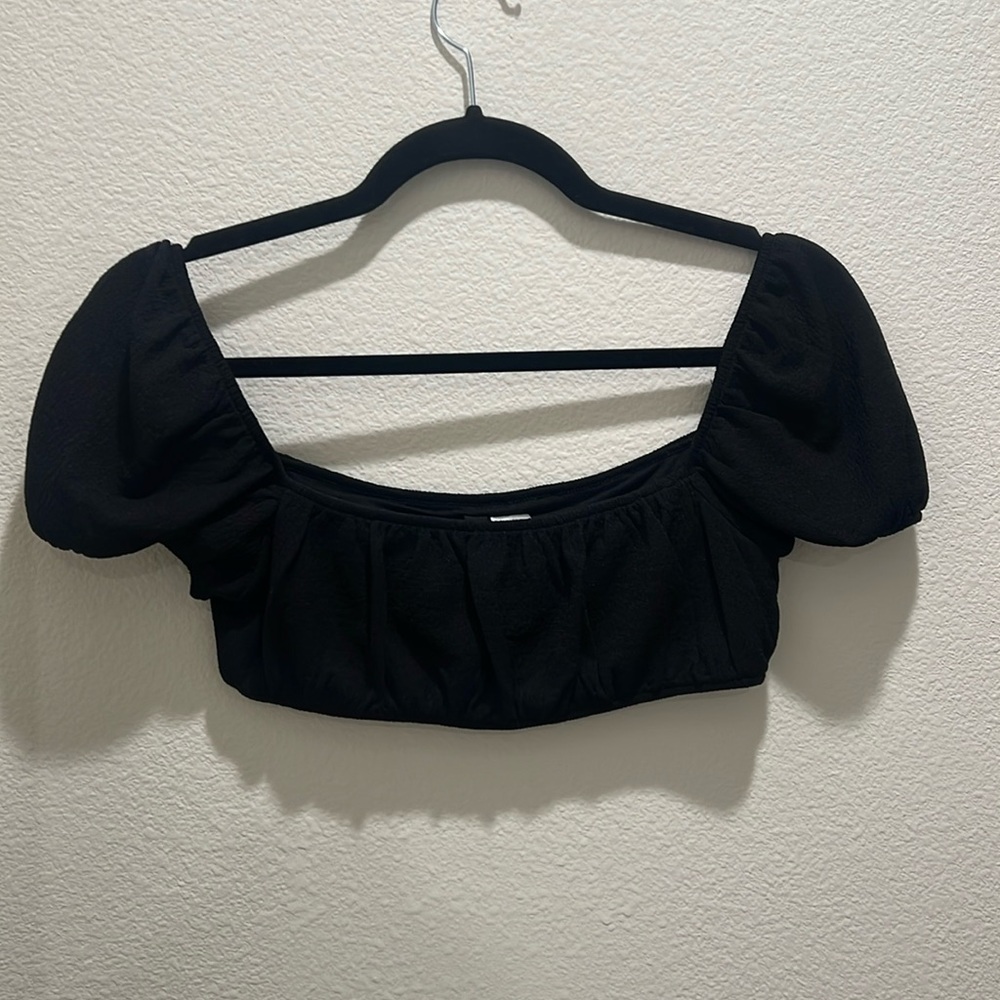 Divided Puff Sleeve Bralette Crop Top Black